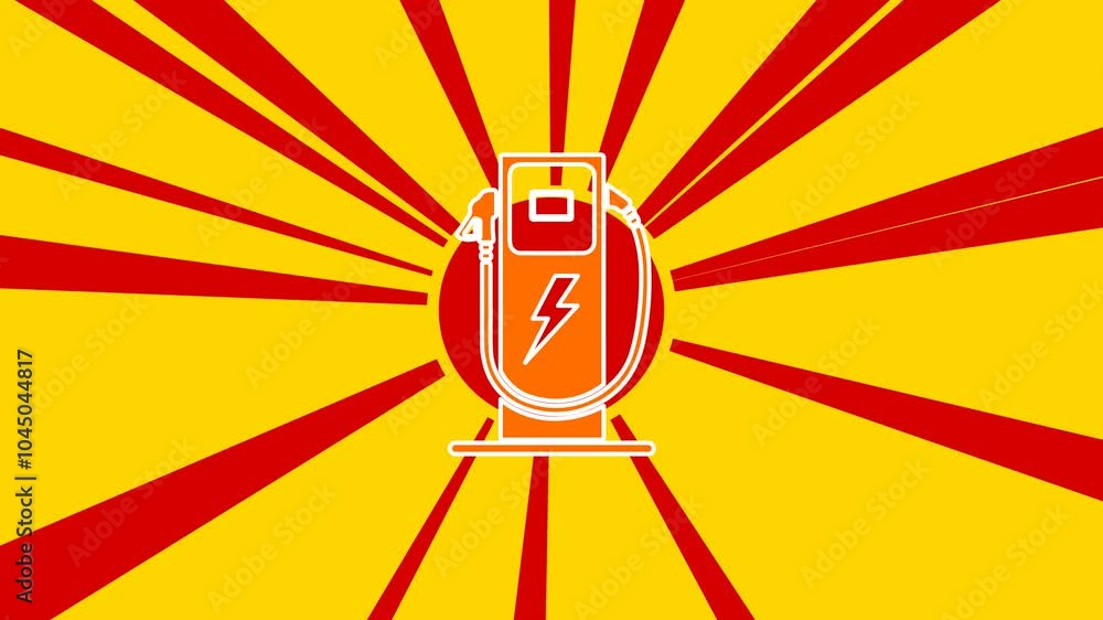 Poster electric charging station symbol on the background of animation from moving rays of the sun. large o