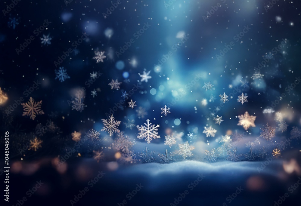 Poster a snowy winter scene with snowflakes falling and a bright light shining down from above.