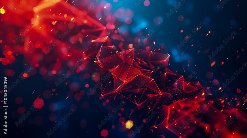 Poster abstract red low poly background with bright particles and polygonal shapes on dark blue background.