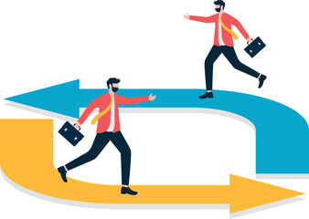 Fototapeta premium Four cartoon businessman running non-stop inside and outside the circular arrow, repeating loop and endless work
