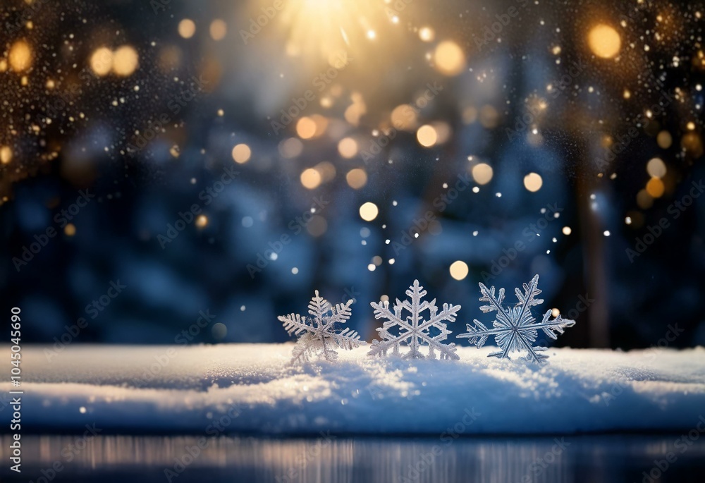 Poster three delicate snowflakes rest on a snowy surface, illuminated by a warm, golden glow.