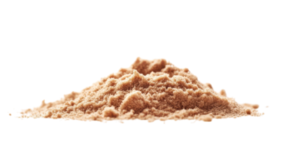 Artfully piled fine brown powder on a white background highlights its rich texture