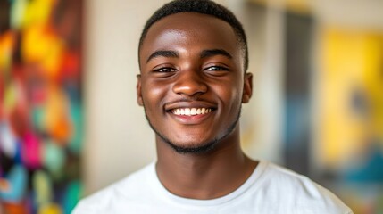 Obraz premium Portrait of confident young African American man smiling in a modern office.