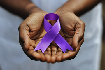 Healthcare professional holding purple awareness ribbon