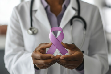 Healthcare professional holding purple awareness ribbon