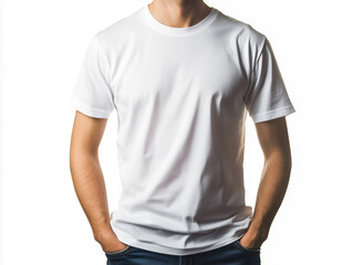 Man in white t-shirt mockup on white background 