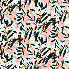 Seamless pattern with colorful beautiful flowers and leaves. vector drawing