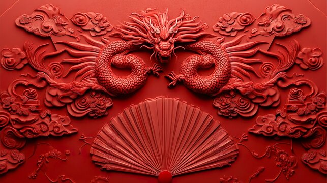 Traditional red Chinese dragons with fan and clouds.Happy Chinese new year template cards background