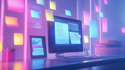 A vibrant 3D minimalist desktop scene featuring computer monitor with floating sticky notes in various colors. atmosphere is modern and creative, perfect for inspiring productivity