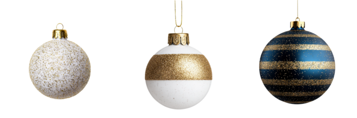 Three elegant Christmas ornaments hang against a transparent background, featuring intricate designs in gold, white, and blue tones, perfect for holiday decor.