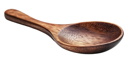 Handcrafted wooden spoon highlighting its rich texture against a white background