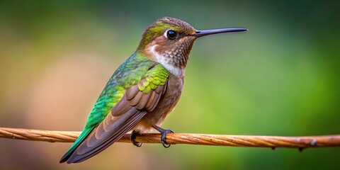 Fototapeta premium Small hummingbird perched on branch with green and brown plumage