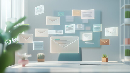 A 3D minimalist email inbox with floating messages creates serene workspace atmosphere. soft colors and gentle lighting enhance feeling of organization and clarity