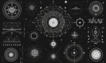 White geometric designs on a black background.