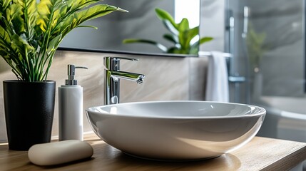 Fototapeta premium Modern bathroom sink with chrome faucet and soap dispenser.