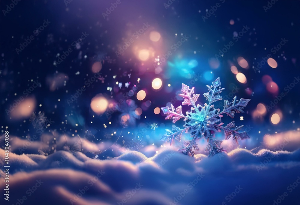Poster a single, large snowflake stands out against a background of falling snow, glowing lights, and a sno