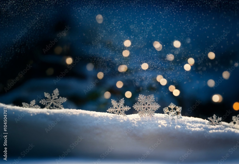 Aufkleber a close-up view of snowflakes resting on a snowdrift with a blurred background of twinkling lights.