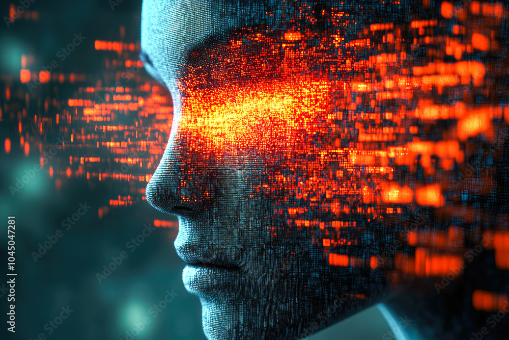 Poster a side view of a digital face with a mesmerizing flow of pixelated glow, representing modern technol