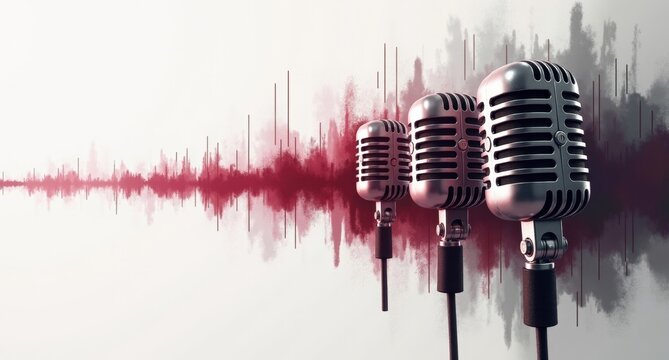 Unity in gray and maroon with dynamic brushstrokes, microphones, and sound waves, symbolizing harmonious communication. Texture overlays enhance spatial complexity and visual hierarchy.