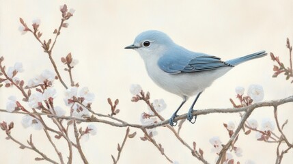 Fototapeta premium Blue Bird on Branch with Blossoms in Spring