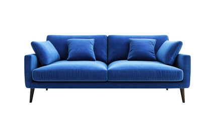 Elegant blue velvet sofa showcasing modern design and comfort in a minimalist setting