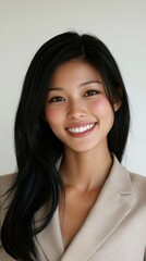 Fototapeta premium ブレザーを着て長い黒髪の笑顔の女性