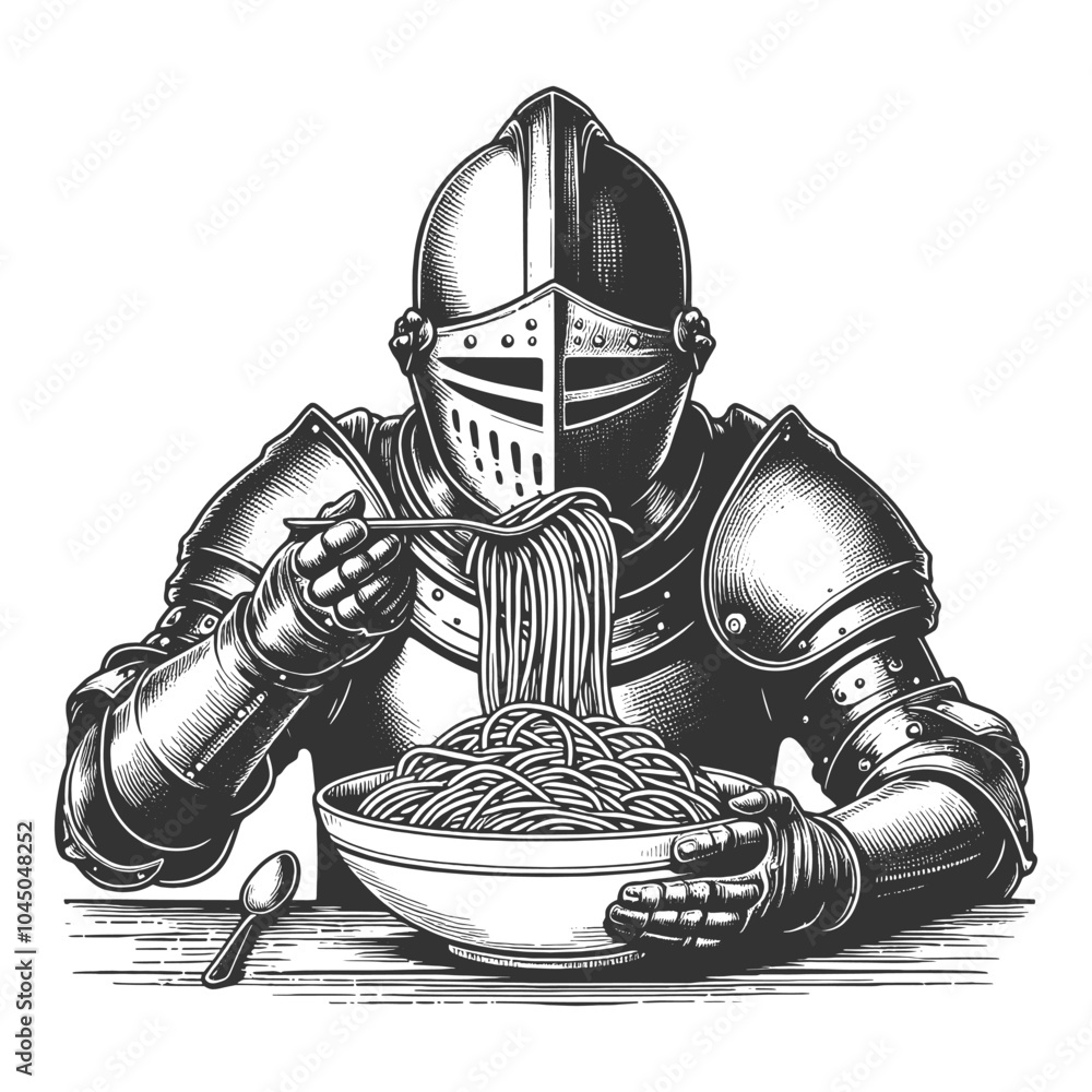 Poster medieval knight in full armor enjoying a bowl of spaghetti, historical imagery with humorous element