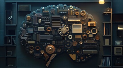 Brain constructed from various objects representing knowledge, books, gears, circuit boards, mathematical symbols, educational items arranged in brain shape. 