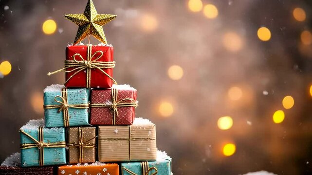 Festive christmas gift boxes with sparkling star topper