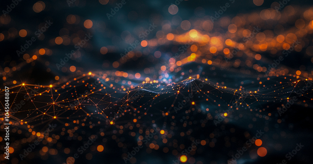 Poster abstract technology background with illuminated network connections and interconnected nodes.