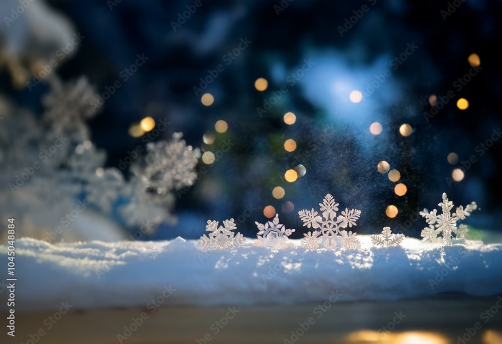 Poster a cluster of delicate snowflakes rests upon a snowy surface, illuminated by a soft glow of twinkling