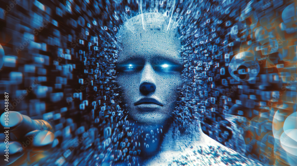 Poster a digitally constructed face featuring glowing eyes surrounded by a flurry of binary codes, symboliz