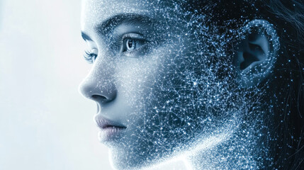 A serene female face intertwined with digital network lines, representing the fusion of technology and humanity in a futuristic digital world.