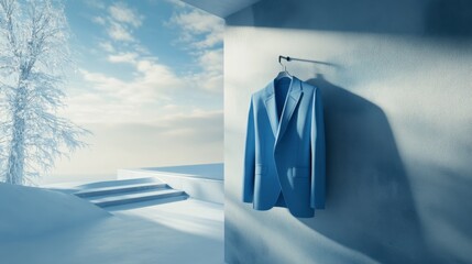 Elegant Blue Suit in Serene Winter Landscape