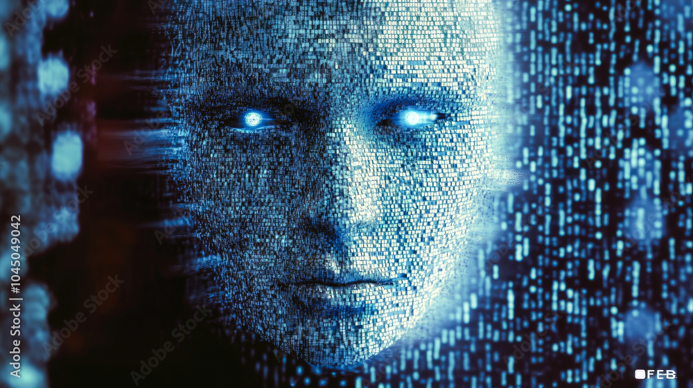 Poster a pixelated digital face with bright eyes, enveloped in a matrix of digital data streams, illustrati