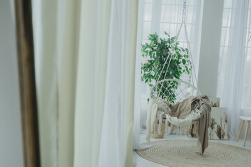 Cozy indoor space with a hanging chair and plants in soft natural light