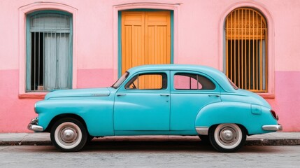 Vintage Car Against Colorful Wall Background