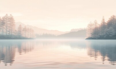 Fototapeta premium Misty lake and trees reflecting in water.