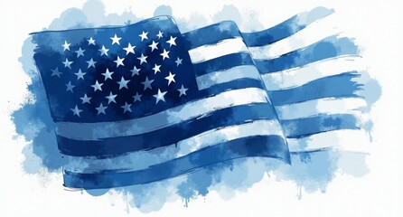 Obraz premium Unity in blue and white with dynamic brushstrokes and the American flag, symbolizing collective strength and patriotism. Texture overlays enhance spatial complexity and visual hierarchy.