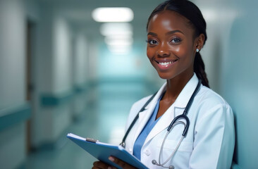 portrait of african american female smiling doctor with stethoscope and clipboard in hospital corridor