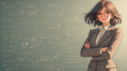 Fototapeta premium Confident 1960s businesswoman in a checkered suit, standing in front of a chalkboard filled with business charts, radiating authority and knowledge ,clean background