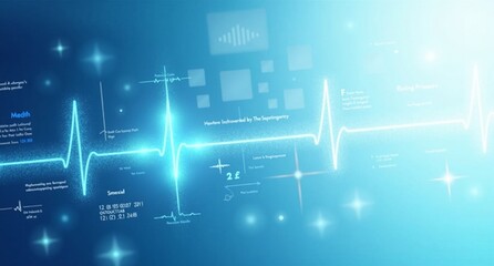 Fototapeta premium Media transparency in blue and white with smooth transitions, medical crosses, and heartbeat lines, symbolizing clarity in healthcare communications.
