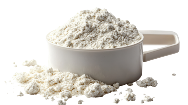 A close-up view of a measuring cup overflowing with flour on a clean kitchen surface