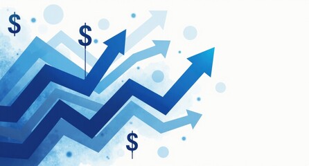 Unity in blue and white with smooth transitions, dollar signs, and rising arrows, symbolizing collective economic strength and prosperity. Texture overlays create spatial depth and complexity.