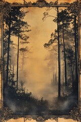 Fototapeta premium Mysterious fog settles over an enigmatic forest landscape at dawn inviting exploration and reflection in nature's embrace