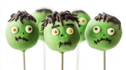 Frankenstein-themed cake pops with green icing and candy bolts, isolated on white background