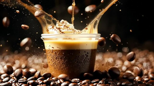 Explosion of flavor: coffee splash with flying beans