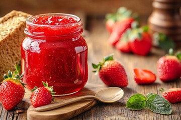 A Jar Of Homemade Strawberry Jam With Whole-Grain Bread, A Spoon, And A Healthy Vegan Treat.