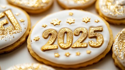Glittery New Year Eve cookies with "2025" written in gold, isolated on white background