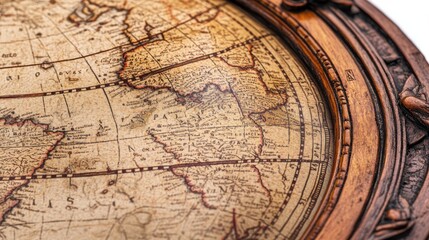 Obraz premium A vintage globe in close-up, with detailed maps symbolizing exploration, travel, and the desire to discover new places